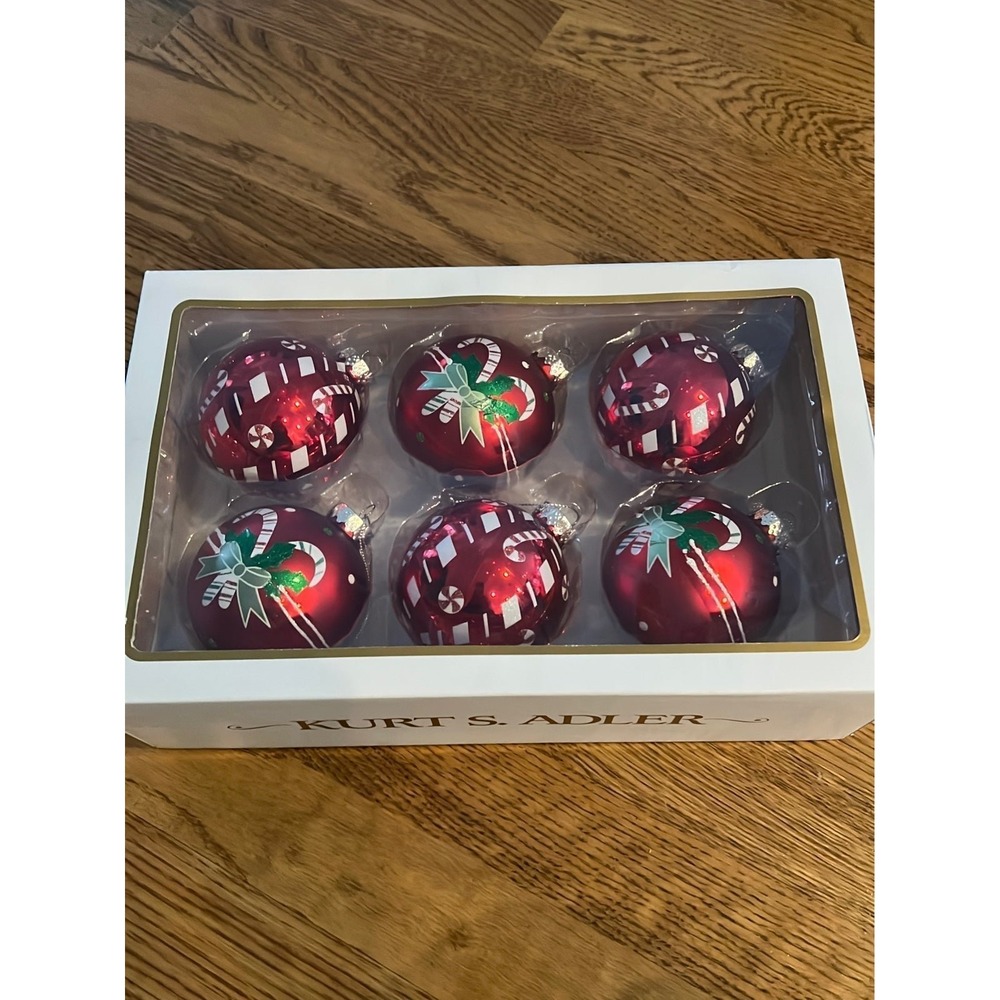 Kurt S Adler Glass Christmas Ornaments Set of 6 Red Candy Cane Peppermint 80mm